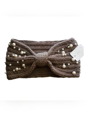 Bow Shaped Winter Knit Headband with Faux Pearls